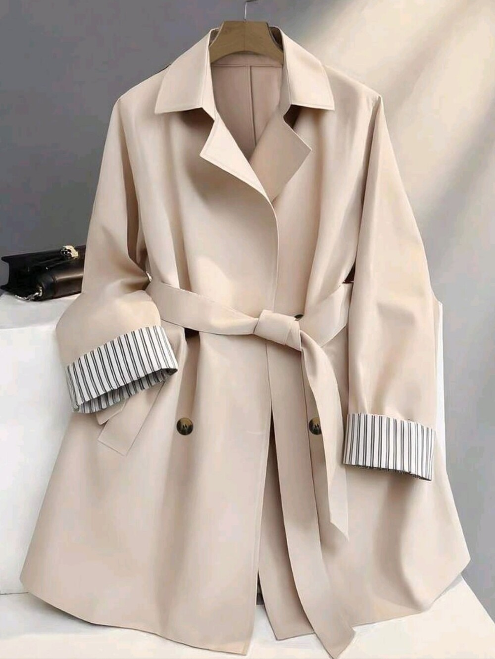Franclia Casual Commuter Versatile Loose Double-Breasted Waist Tie Soft Twill Fa